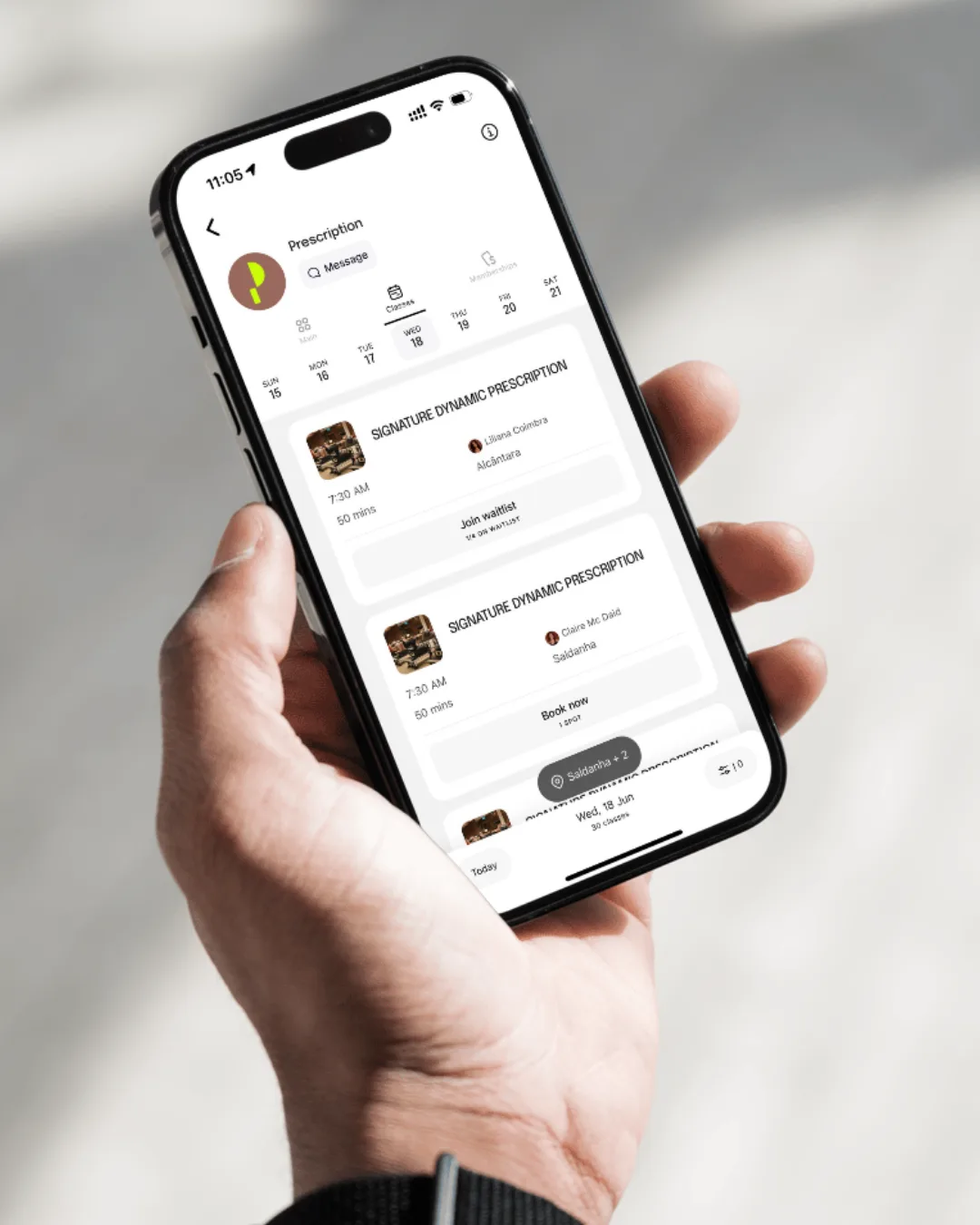A app Momence com o horário da Prescription